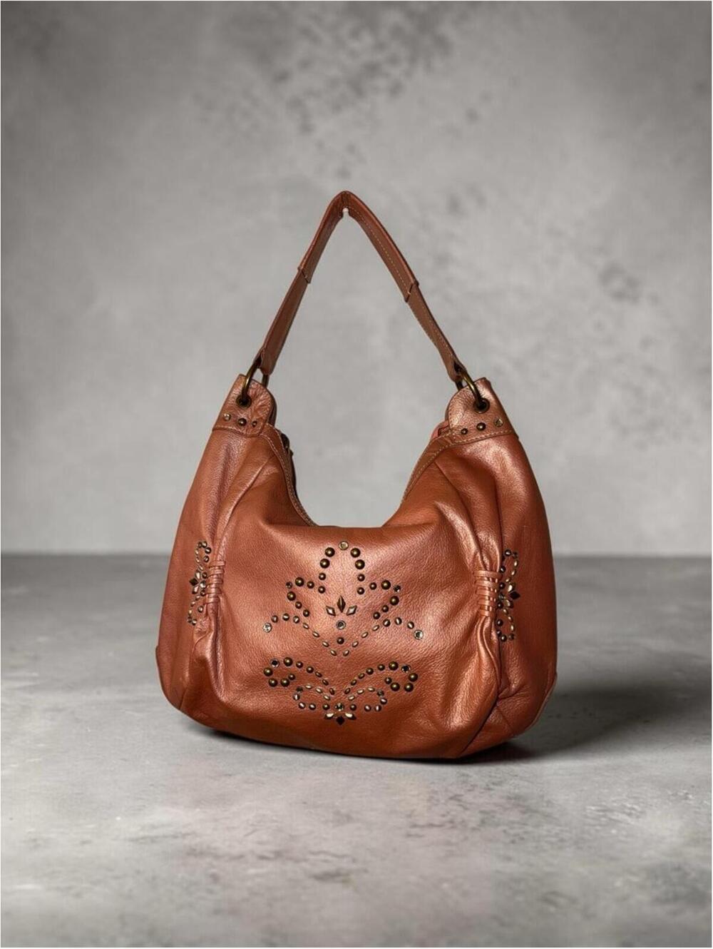 Isabella Fiore Metallic Peach Studded Crystal Hobo Shoulder Bag.